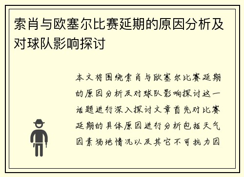 索肖与欧塞尔比赛延期的原因分析及对球队影响探讨